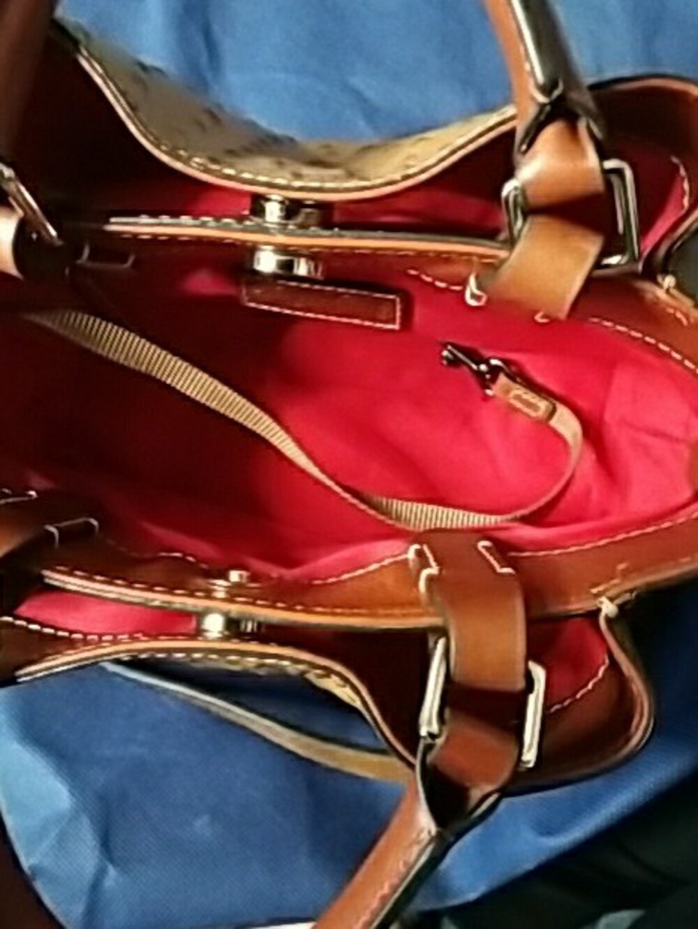 Dooney & Bourke Tan Ostrich-Embossed Satchel Mini with Brown Trim - Picture 12 of 13